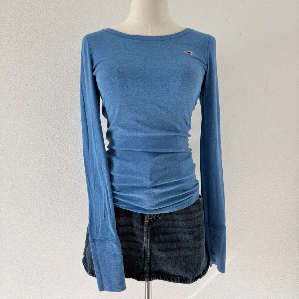 Vintage Y2K Blue Hollister Long Sleeve Henley Scoop Neck Logo 2000s Preppy Sz M